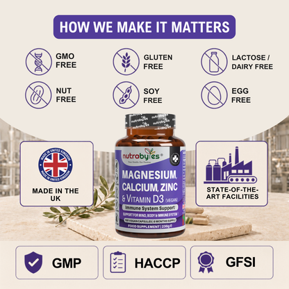 Magnesium, Calcium, Zinc & Vitamin D3 (Vegan D3) | Advanced Immunity Support | 6 Months Supply | Made in the UK