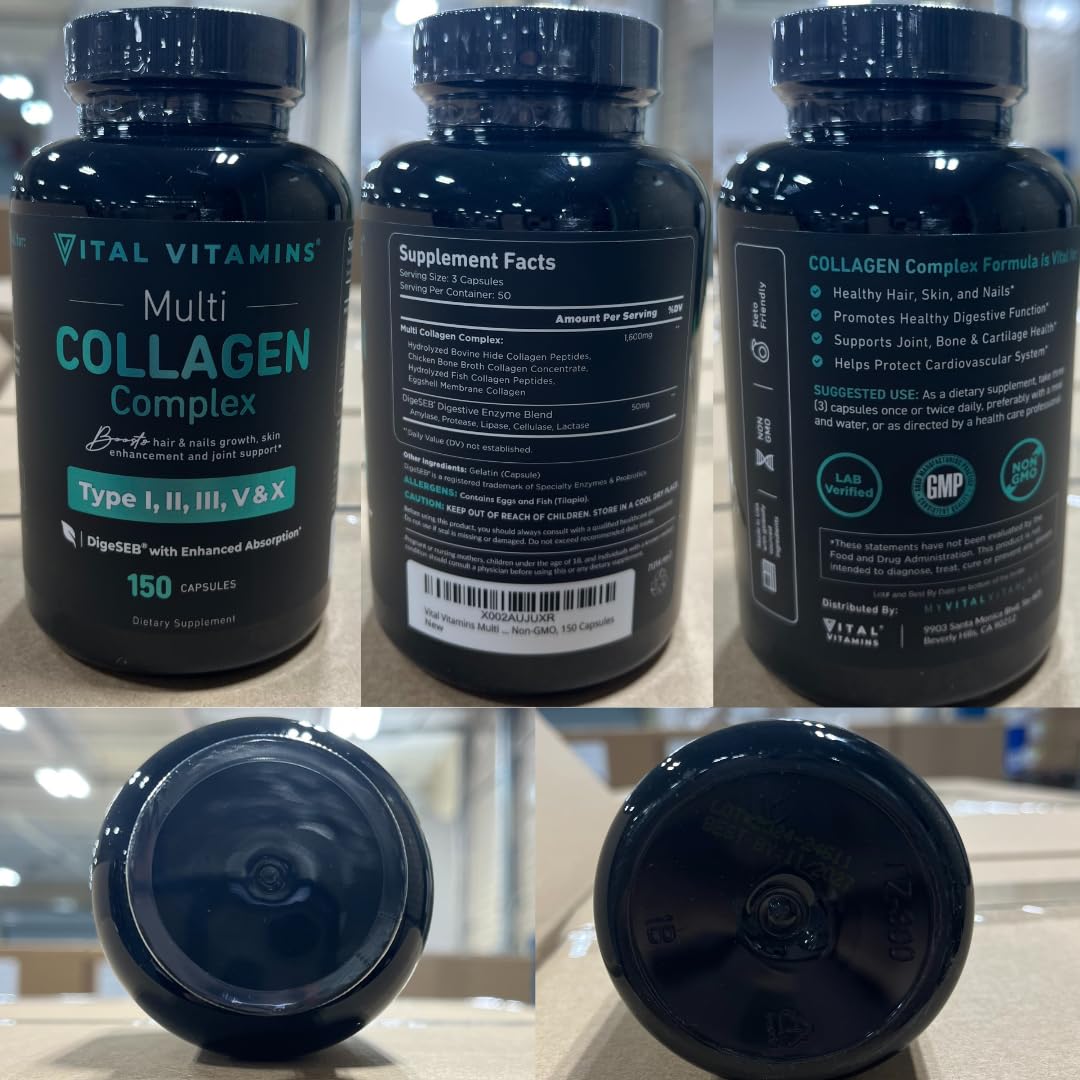 Vital Vitamins Multi Collagen - 5 Types I-V-X - Grass-Fed, 150 Capsules