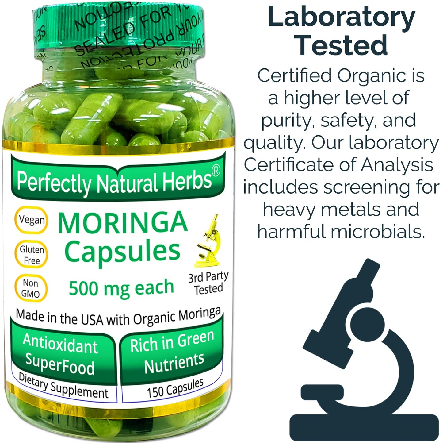 150 Moringa Capsules - USDA Organic Moringa Leaf Powder 500mg Each