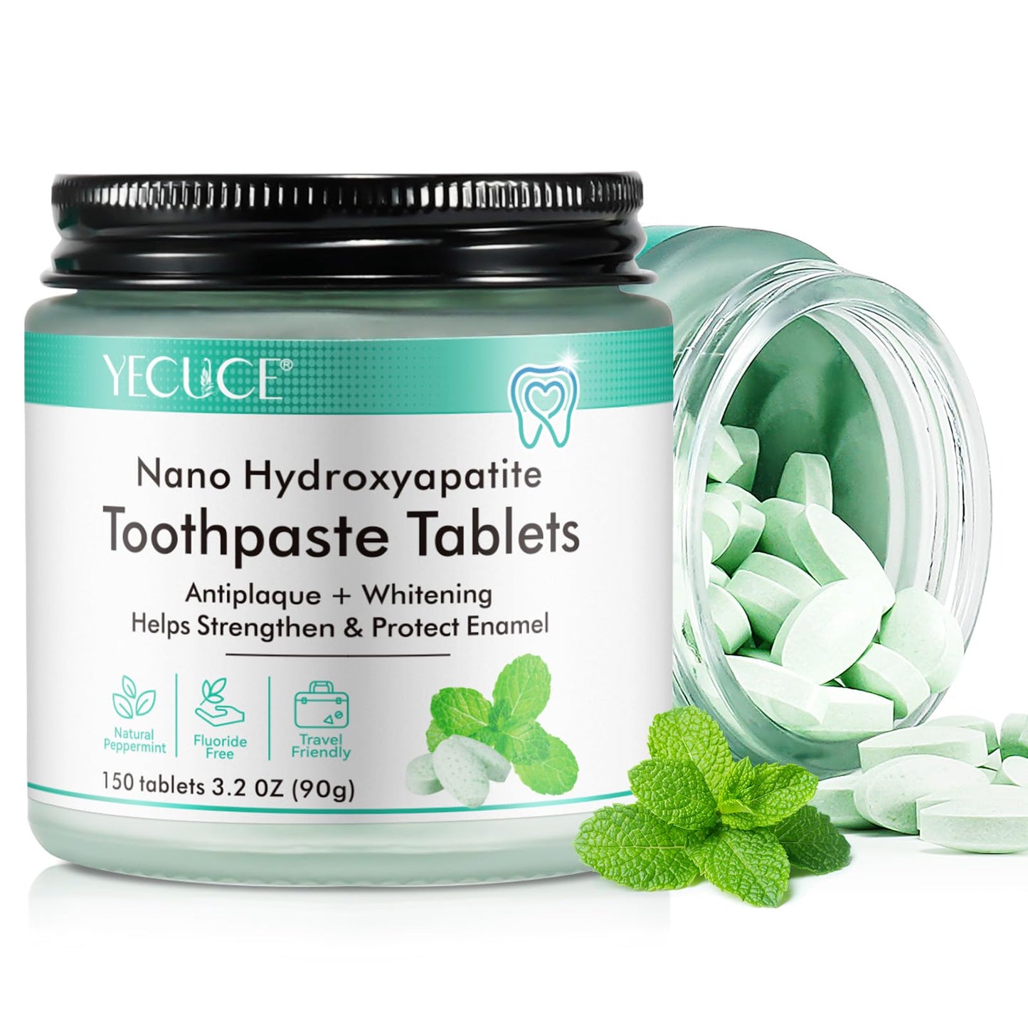150 Tablets Chewable Toothpaste Tablets – Peppermint, Nano Hydroxyapatite, Sensitive Teeth, Fluoride Free, Plastic Free