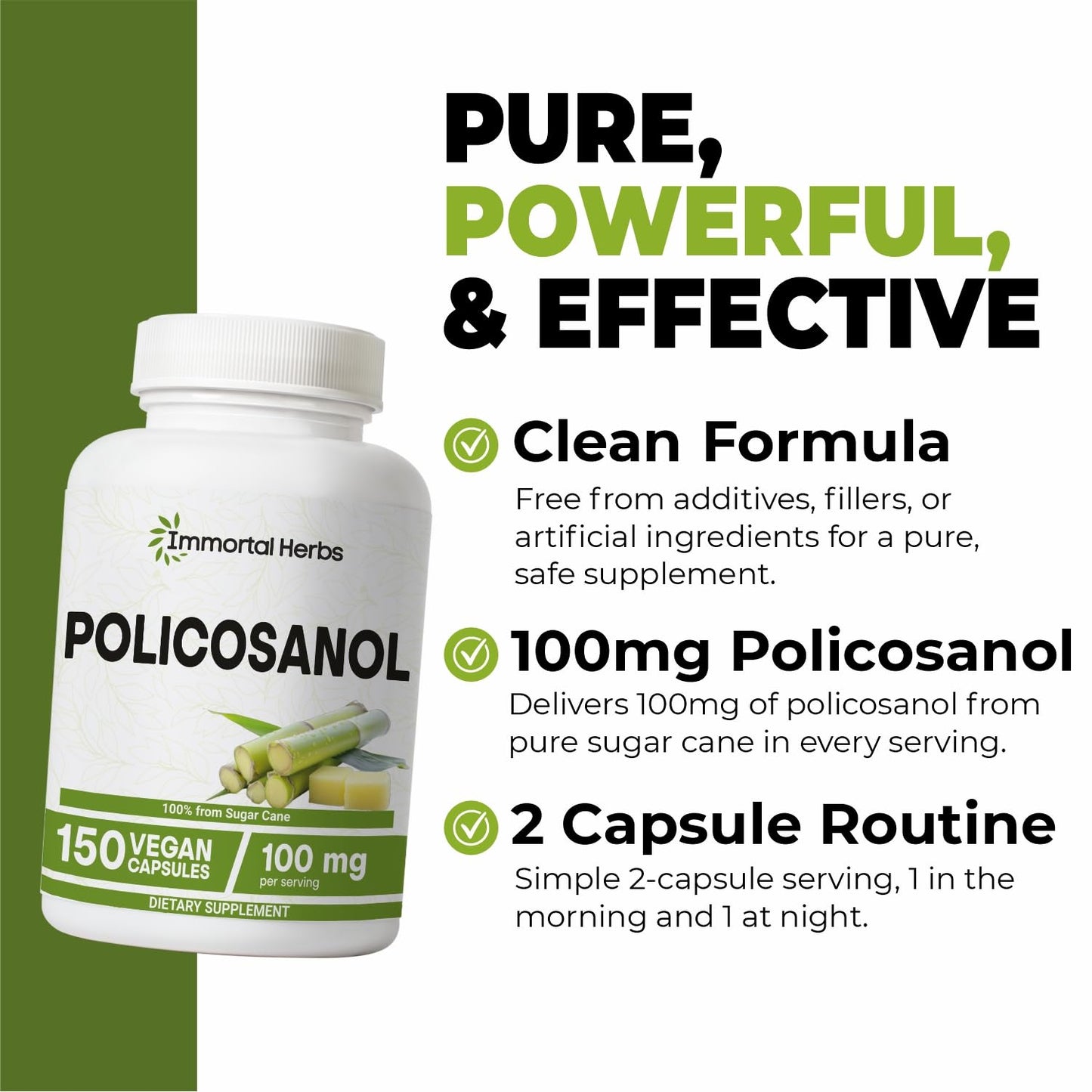 Immortal Herbs Policosanol 100mg Capsules – Sugar Cane-Derived, 150 Vegan Pills, Non-GMO & Gluten-Free