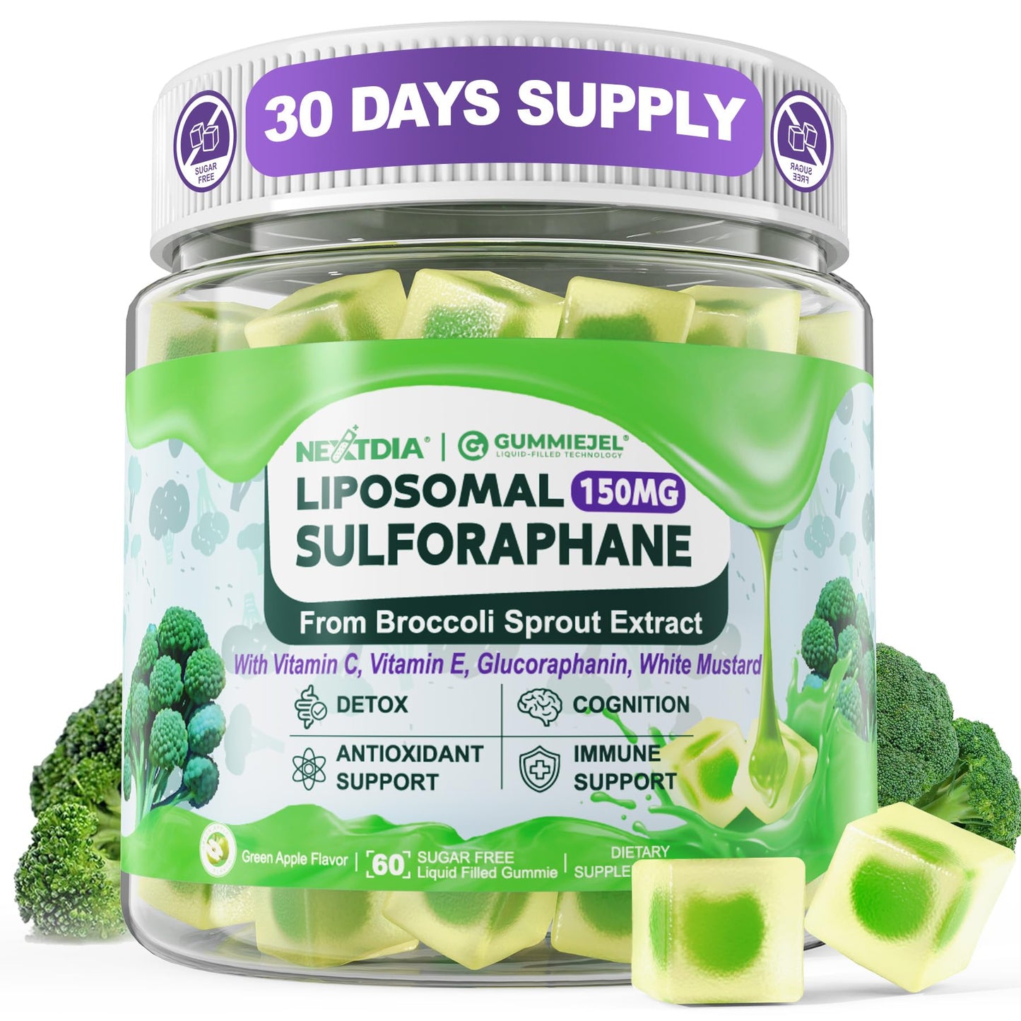 150mg Liposomal Sulforaphane Gummies from Broccoli Sprouts Extract – Myrosinase, Vitamin C & E | Antioxidant, Detox & Cellular Health | 60 Counts