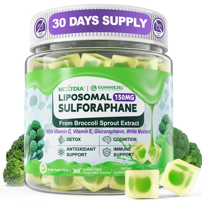 150mg Liposomal Sulforaphane Gummies from Broccoli Sprouts Extract – Myrosinase, Vitamin C & E | Antioxidant, Detox & Cellular Health | 60 Counts