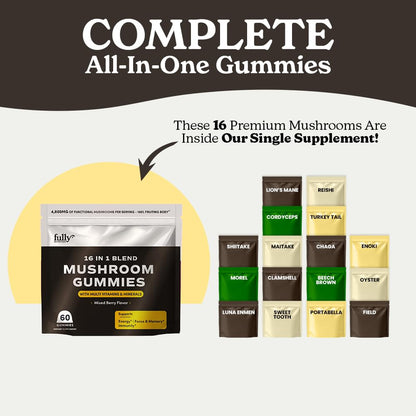 16 in 1 Blend Mushrooms Gummies for Adults - Lion's Mane for Focus & Clarity