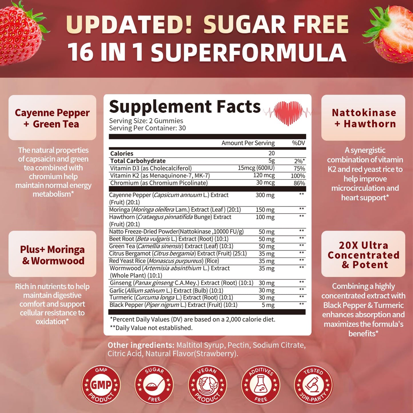 16 in 1 Cayenne Pepper Gummies - Sugar-Free 60 CT | Capsaicin Complex with Moringa, Hawthorn, Beet Root, Wormwood & Citrus Bergamot