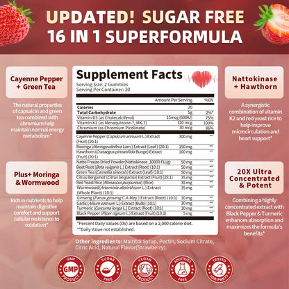 16 in 1 Cayenne Pepper Gummies - Sugar-Free 60 CT | Capsaicin Complex with Moringa, Hawthorn, Beet Root, Wormwood & Citrus Bergamot