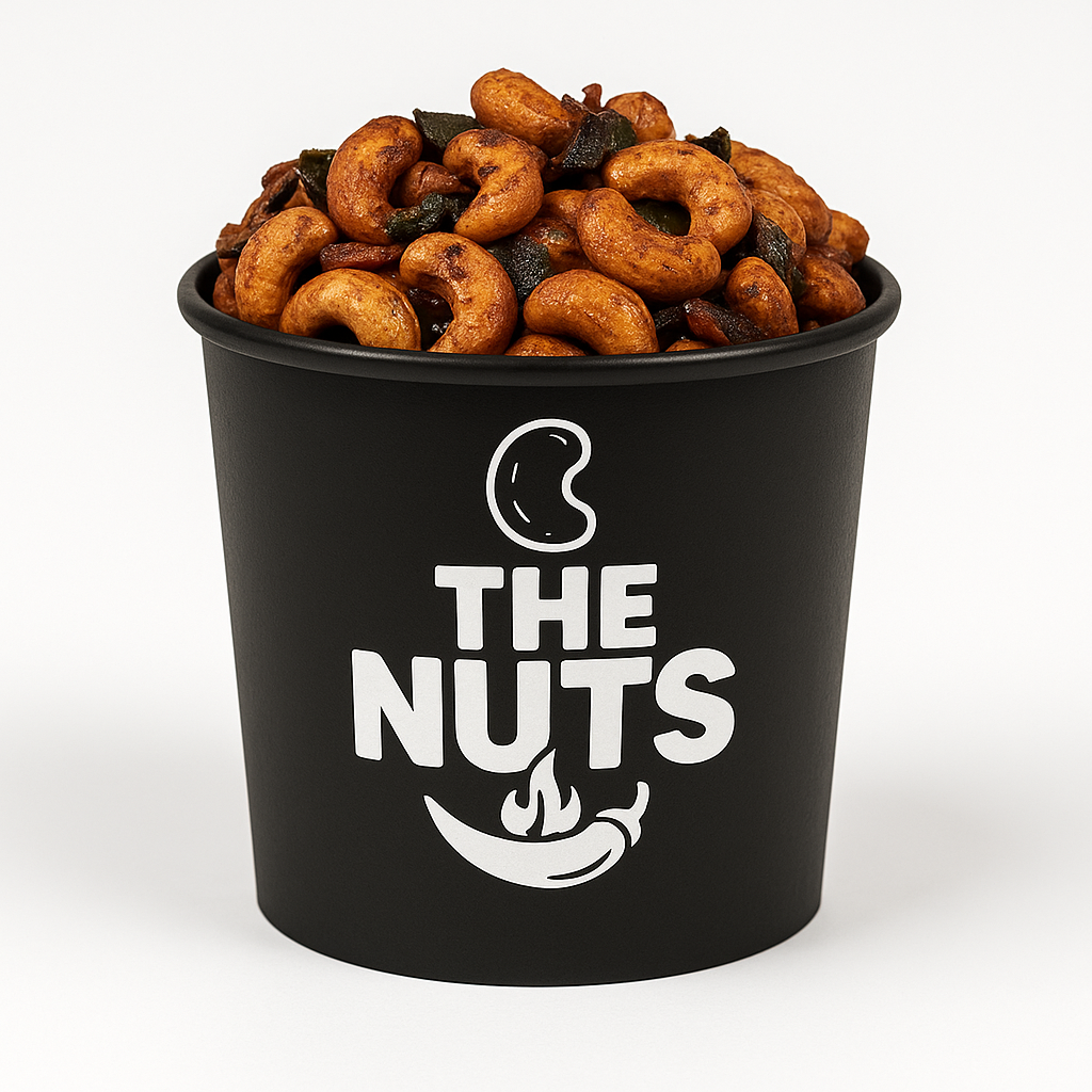 Spicy Cashews with Garlic, Onion & Curry Leaf – 250g Tub THENUTS