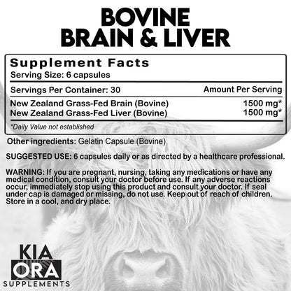 Grass-Fed Bovine Brain & Liver | Cognitive, Mood & Energy Support | New Zealand Sourced, Pasture-Raised, Freeze-Dried, Non-GMO | 180ct