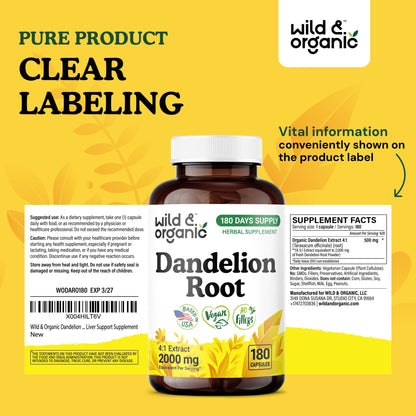 Wild & Organic Dandelion Root Capsules – 2000 mg per Capsule, Liver Support