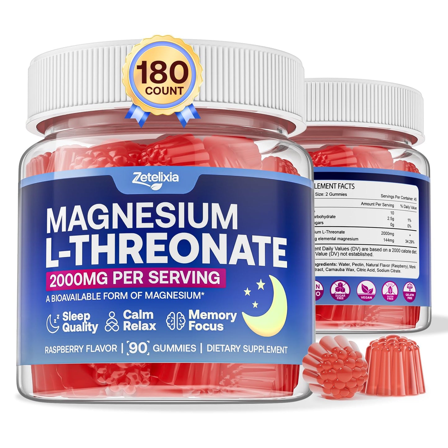 180 Count 2-Pack Magnesium L-Threonate Gummies 2000mg – Sleep & Cognition (Vegan, Raspberry)