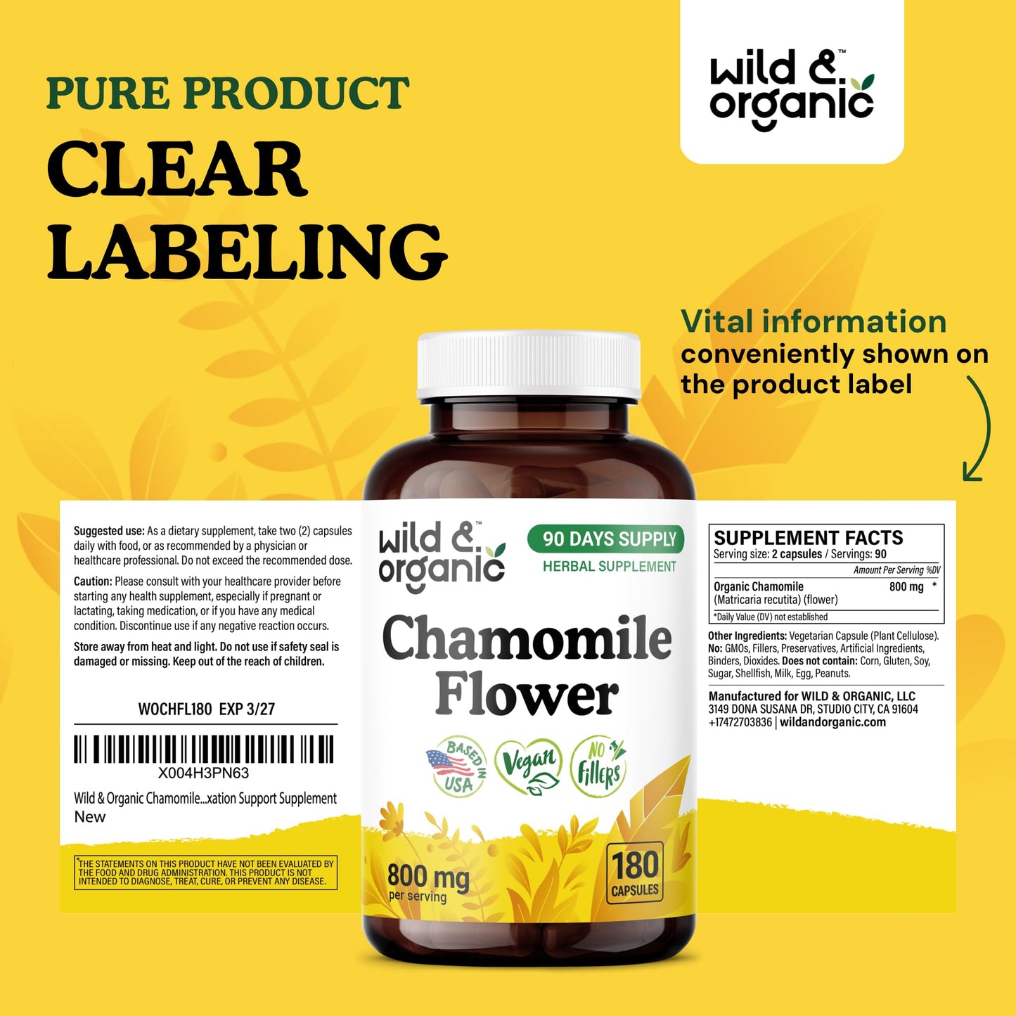 Wild & Organic Chamomile Extract Capsules 800 mg - 180 Count | Relaxation & Digestive Support