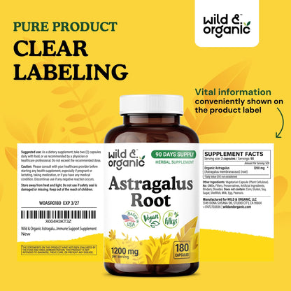 Wild & Organic Astragalus Capsules 1200 mg - Immune Support - Vegan, Non-GMO, No Fillers | 180 Count Pack of 1