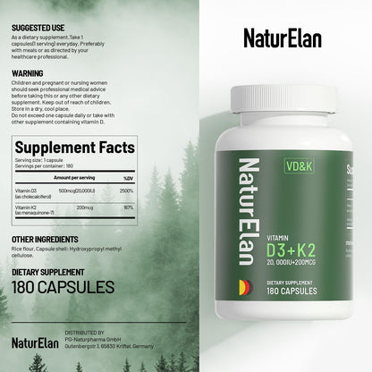 Vitamin D3 K2 20,000 IU MK-7 - 180 Vegan Capsules
