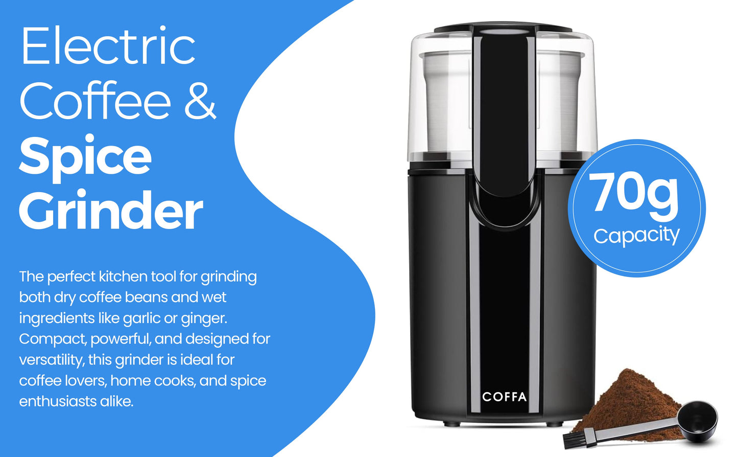 Electric Coffee Grinder 200W 70g with 2 Stainless Steel Bowls Wet & Dry COFFA
