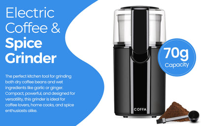 Electric Coffee Grinder 200W 70g with 2 Stainless Steel Bowls Wet & Dry COFFA