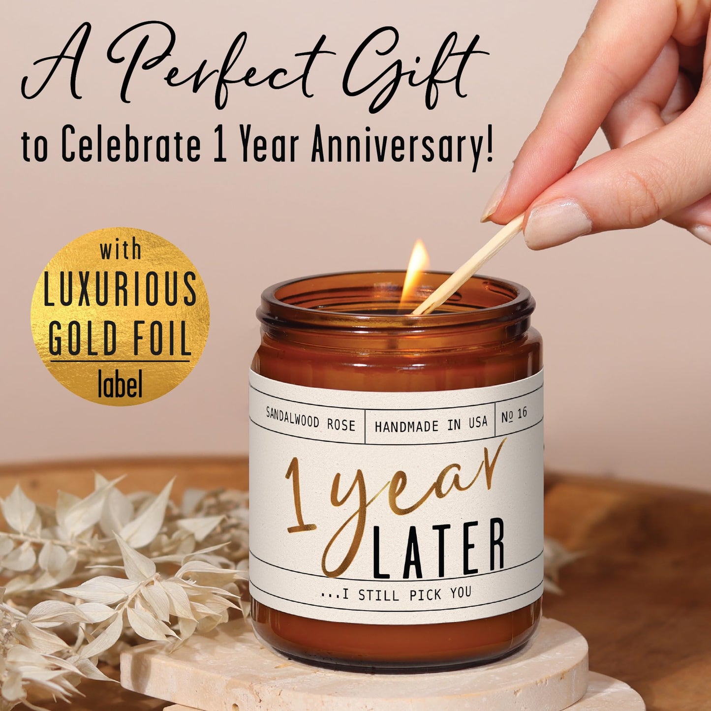 1 Year Anniversary Gift for Her – 1 Year Later Candle, Sandalwood Rose, USA Made