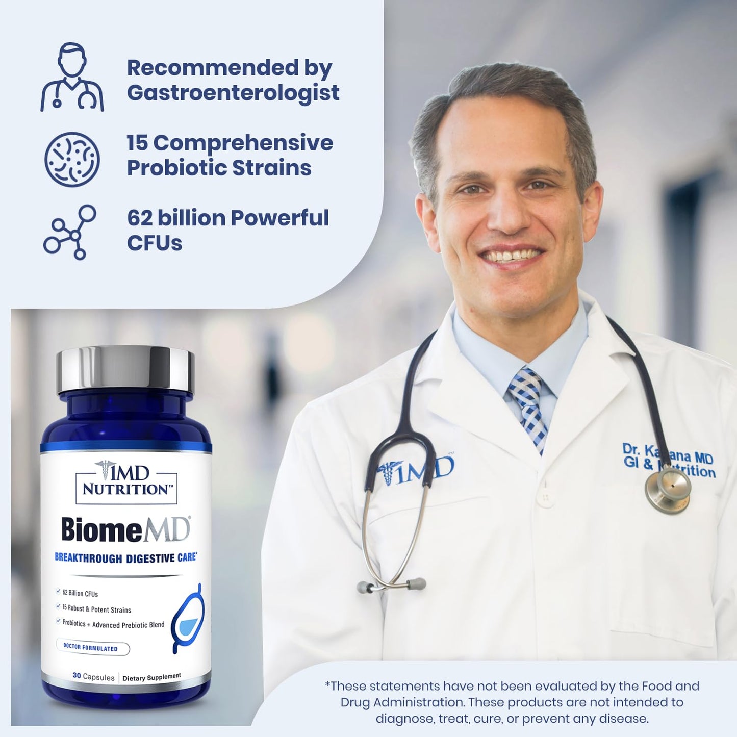 BiomeMD Probiotics by 1MD Nutrition | 62B CFUs, 15 Strains + Prebiotics | Digestive & Immune Support | 30 Capsules