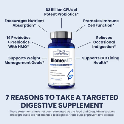 BiomeMD Probiotics by 1MD Nutrition | 62B CFUs, 15 Strains + Prebiotics | Digestive & Immune Support | 30 Capsules