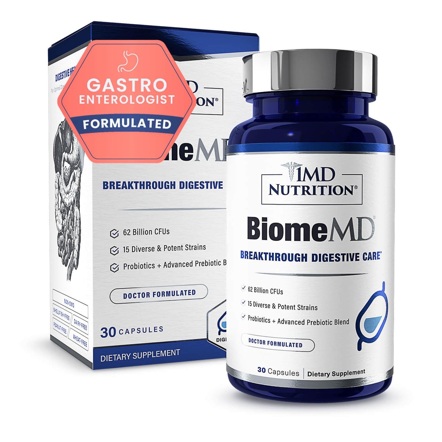 BiomeMD Probiotics by 1MD Nutrition | 62B CFUs, 15 Strains + Prebiotics | Digestive & Immune Support | 30 Capsules