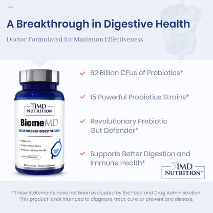 BiomeMD Probiotics by 1MD Nutrition | 62B CFUs, 15 Strains + Prebiotics | Digestive & Immune Support | 30 Capsules
