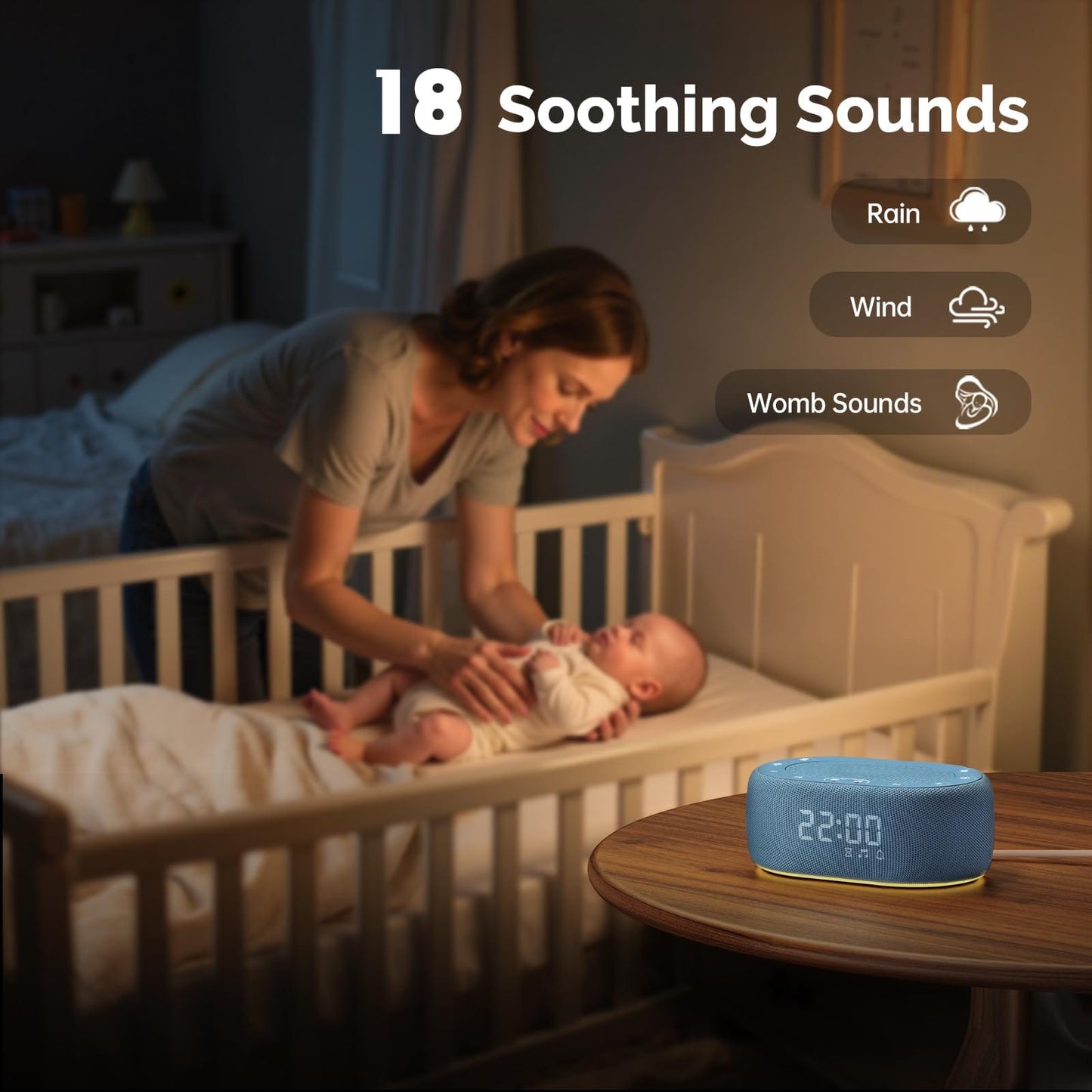 1Mii White Noise Sleep Machine with 18 Sounds, 7-Color Night Light, App Control, Alarm Clock, Timer, 16 Volume Levels – Blue