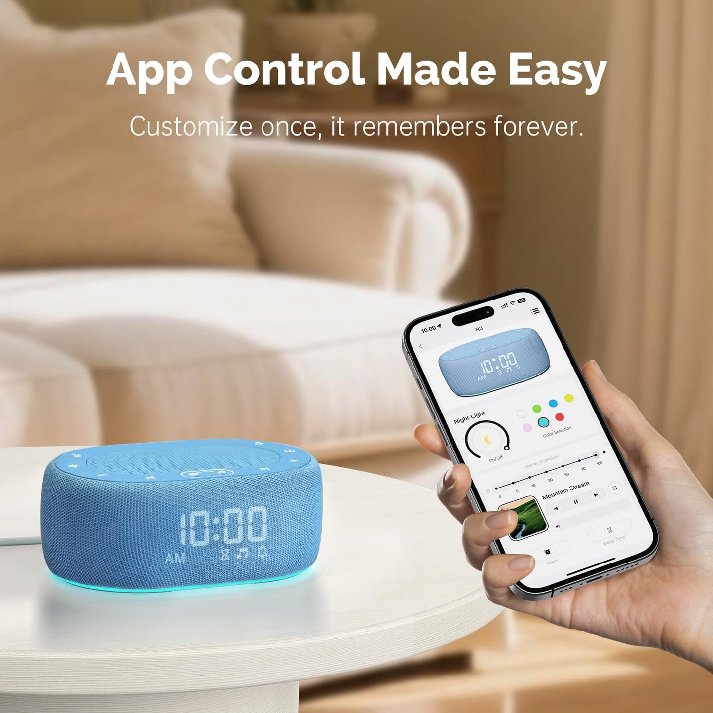 1Mii White Noise Sleep Machine with 18 Sounds, 7-Color Night Light, App Control, Alarm Clock, Timer, 16 Volume Levels – Blue