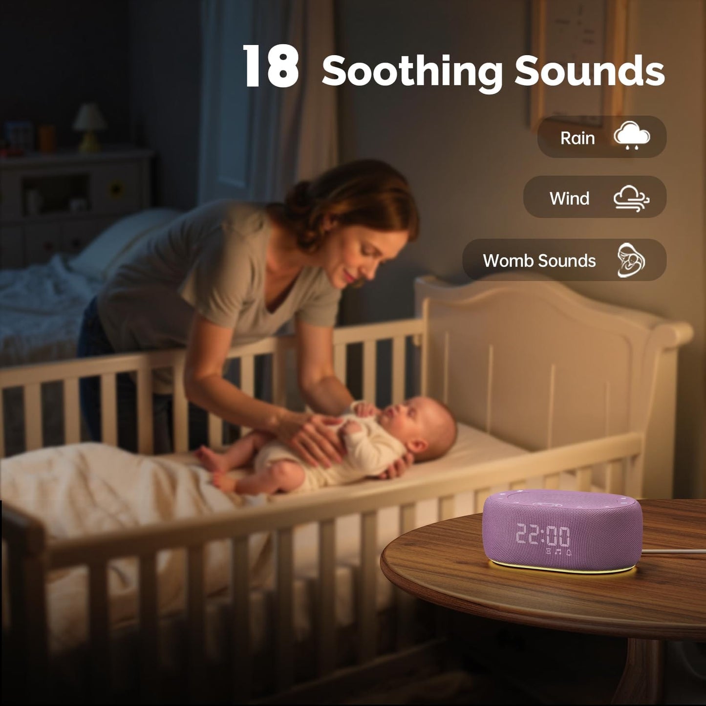 1Mii Purple White Noise Sleep Machine – 18 Sounds, Night Light, App Control, Alarm & Timer