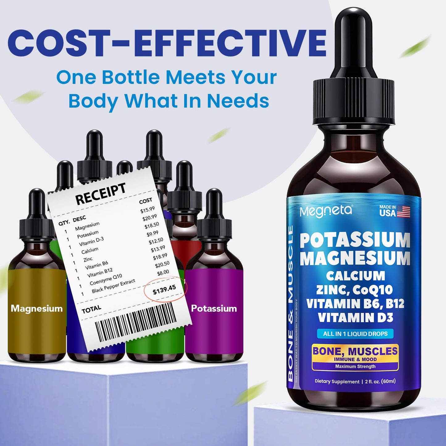 Potassium Magnesium Calcium Zinc Liquid Complex with D3, B6, B12 & CoQ10 | Chelated Minerals for Heart, Bones, Sleep & Anti-Aging | 2 fl oz