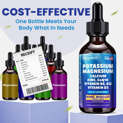 Potassium Magnesium Calcium Zinc Liquid Complex with D3, B6, B12 & CoQ10 | Chelated Minerals for Heart, Bones, Sleep & Anti-Aging | 2 fl oz