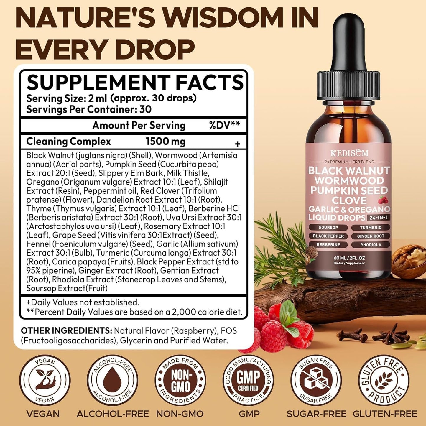2 Pack 24-in-1 Black Walnut Wormwood Tincture – Alcohol-Free, Raspberry