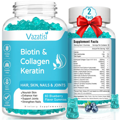 2 Pack Biotin Gummies with Collagen & Keratin for Hair Skin Nails - Women Men Kids - 120 Blueberry Flavored Gummies