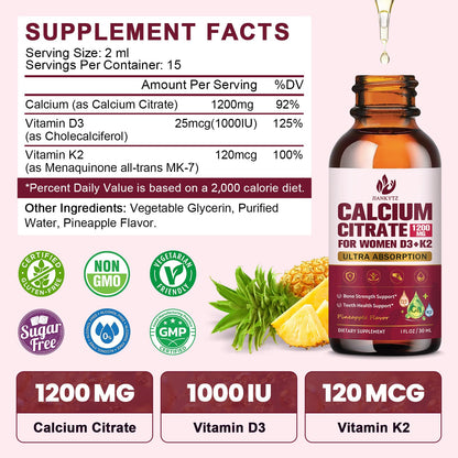 (2 Pack) Calcium Citrate with Vitamin D3 Liquid Drops for Women – 1200mg Absorption, Vitamin K2, 1 Fl Oz
