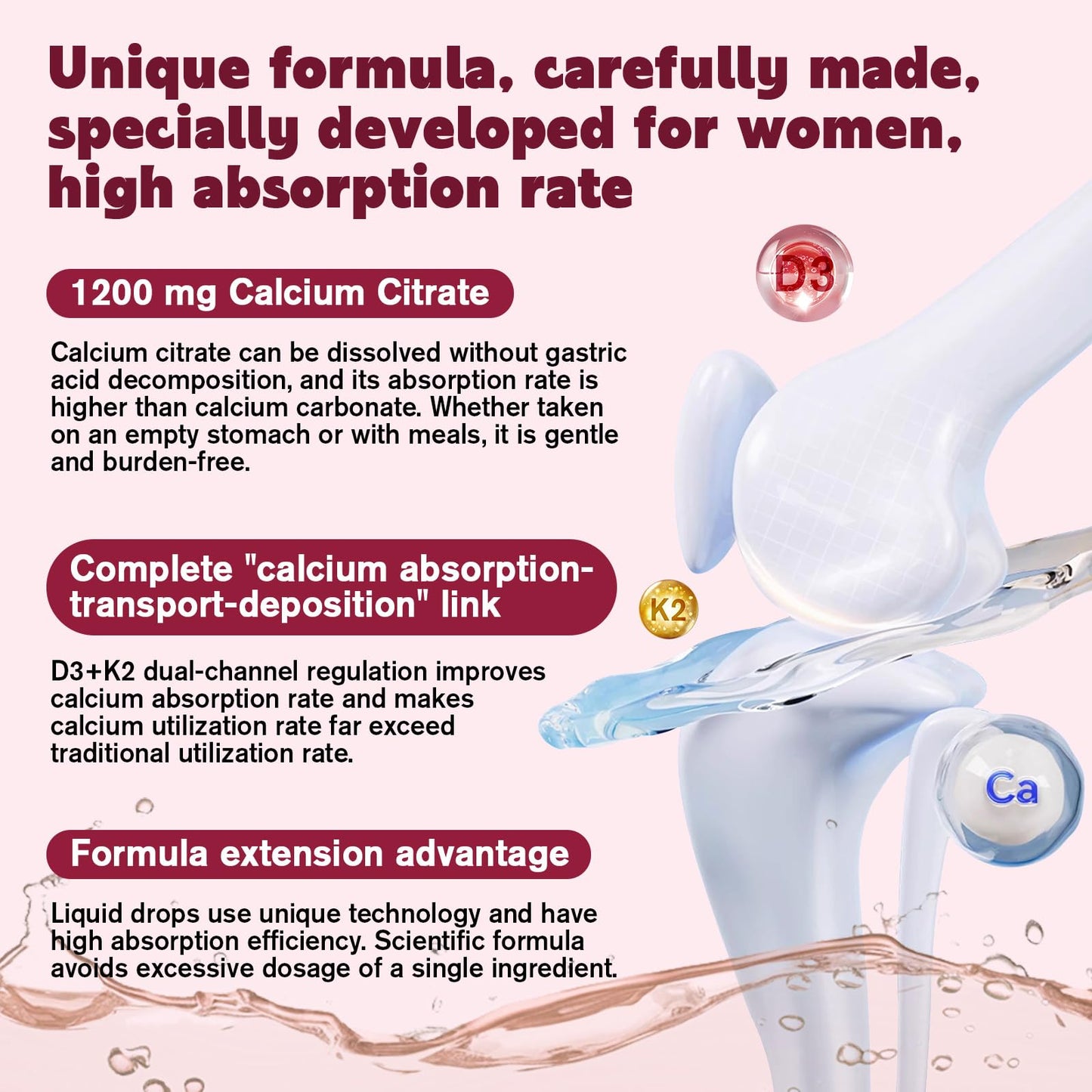(2 Pack) Calcium Citrate with Vitamin D3 Liquid Drops for Women – 1200mg Absorption, Vitamin K2, 1 Fl Oz
