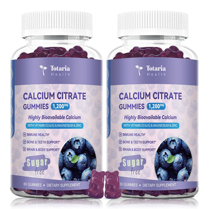 2 Pack Calcium Citrate Gummies 1200 mg – Vitamin D3 & K2, Magnesium, Zinc | Sugar Free Blueberry