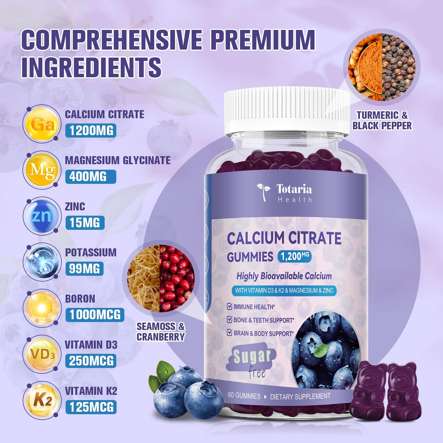 2 Pack Calcium Citrate Gummies 1200 mg – Vitamin D3 & K2, Magnesium, Zinc | Sugar Free Blueberry