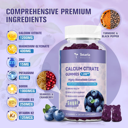2 Pack Calcium Citrate Gummies 1200 mg – Vitamin D3 & K2, Magnesium, Zinc | Sugar Free Blueberry