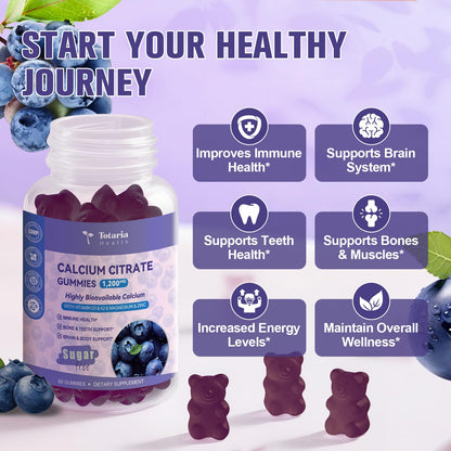 2 Pack Calcium Citrate Gummies 1200 mg – Vitamin D3 & K2, Magnesium, Zinc | Sugar Free Blueberry