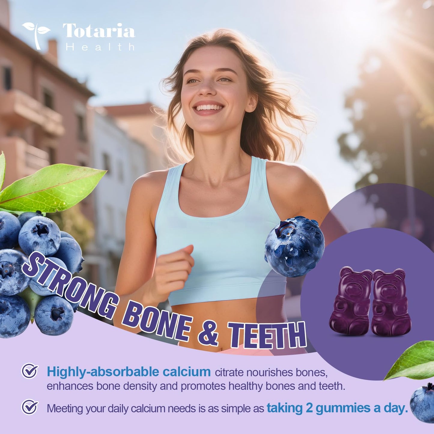 2 Pack Calcium Citrate Gummies 1200 mg – Vitamin D3 & K2, Magnesium, Zinc | Sugar Free Blueberry