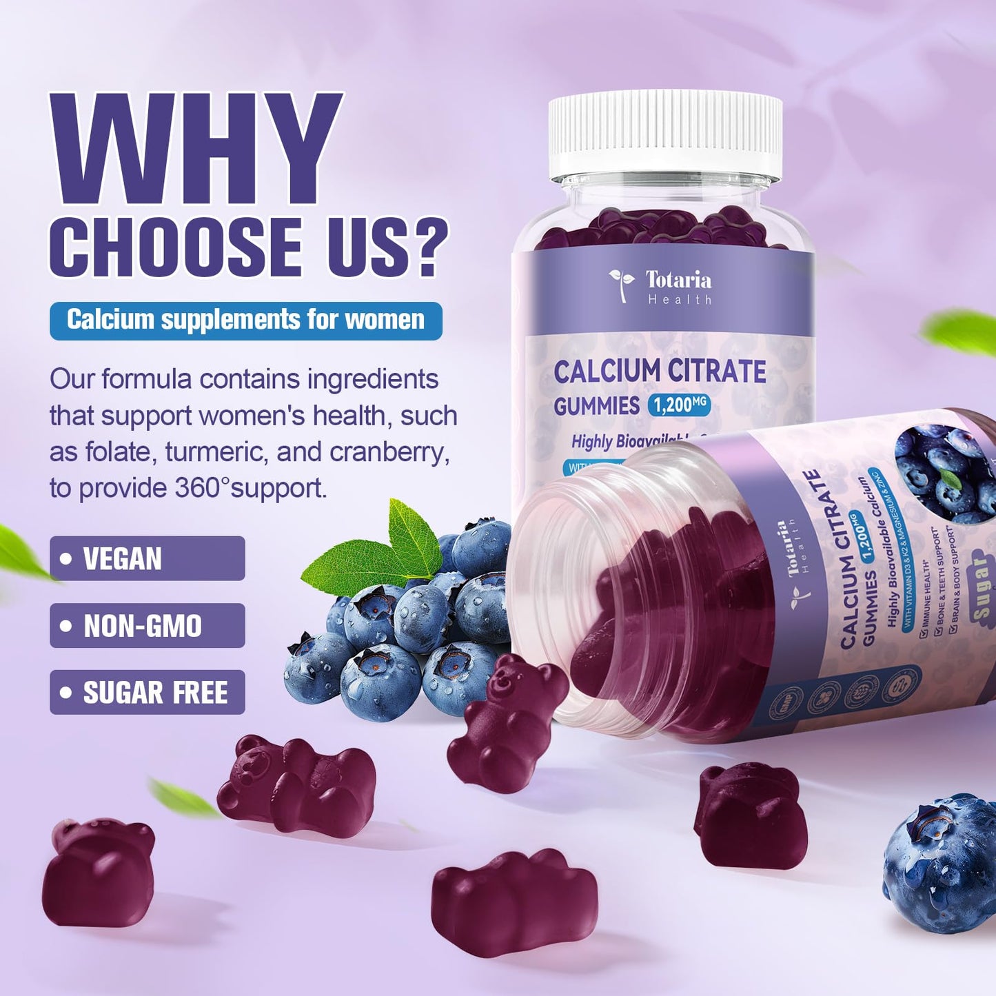 2 Pack Calcium Citrate Gummies 1200 mg – Vitamin D3 & K2, Magnesium, Zinc | Sugar Free Blueberry