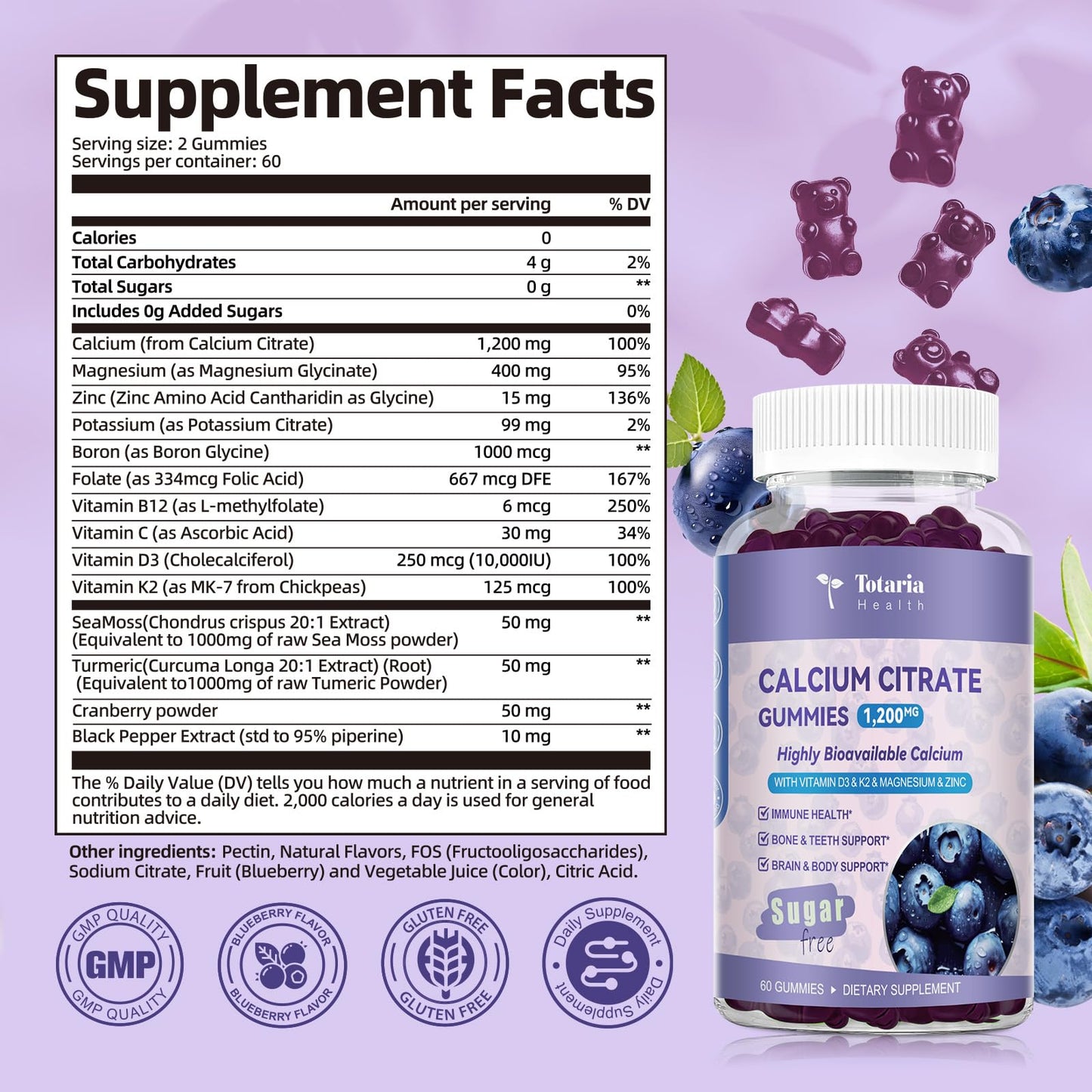 2 Pack Calcium Citrate Gummies 1200 mg – Vitamin D3 & K2, Magnesium, Zinc | Sugar Free Blueberry