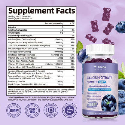 2 Pack Calcium Citrate Gummies 1200 mg – Vitamin D3 & K2, Magnesium, Zinc | Sugar Free Blueberry