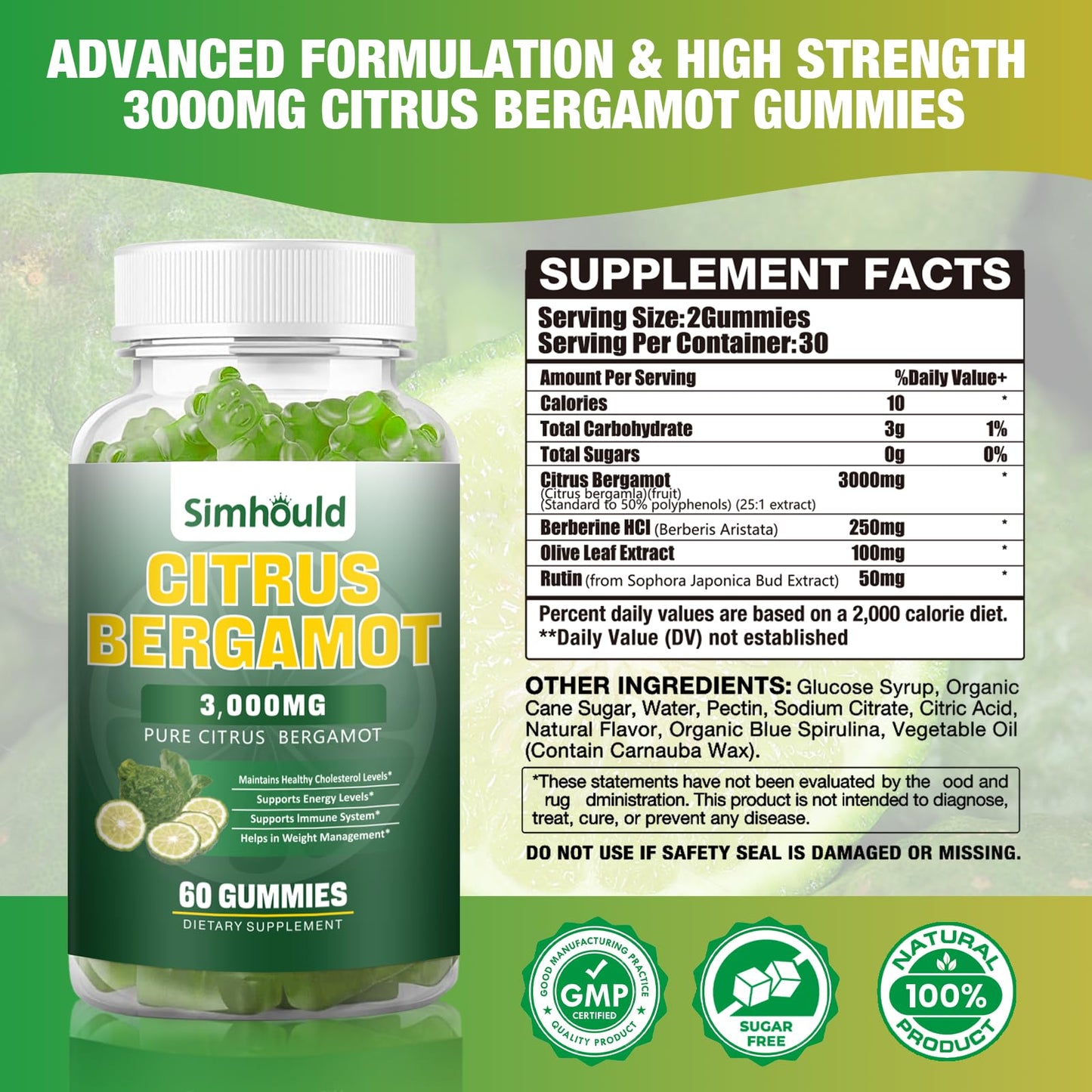 2 Pack Citrus Bergamot Gummies - 3000mg Bergamot Extract for Immune Support, Heart Health, and Healthy Aging - Vegan Lime Flavor (120 Gummies)