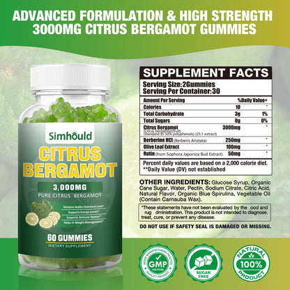 2 Pack Citrus Bergamot Gummies - 3000mg Bergamot Extract for Immune Support, Heart Health, and Healthy Aging - Vegan Lime Flavor (120 Gummies)