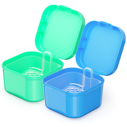 2 Pack Denture Bath Case with Strainer Basket | Retainer & Aligners Case