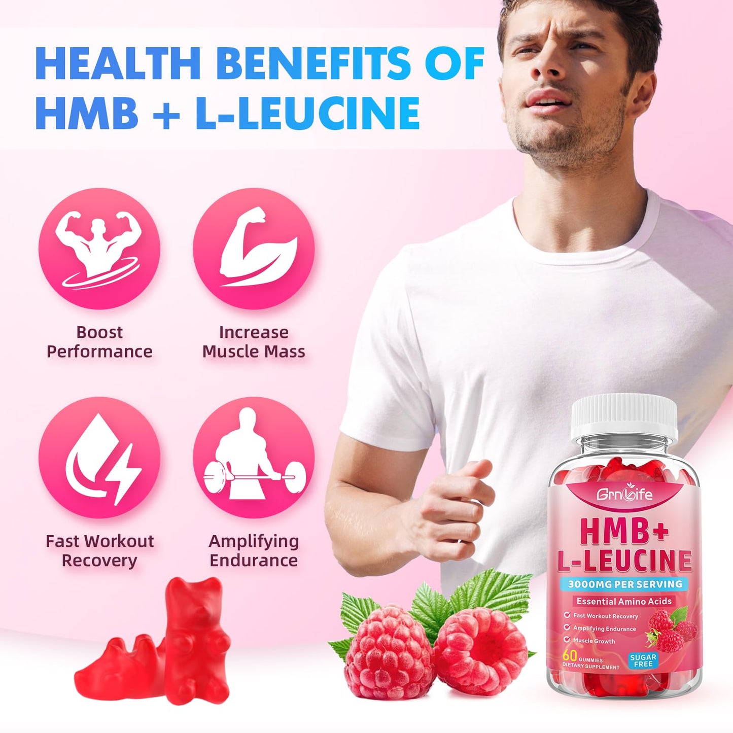 2 Pack HMB & L-Leucine Gummies 3000mg – Muscle Growth & Recovery, Sugar-Free Raspberry, 120 Count