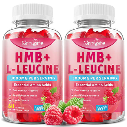 2 Pack HMB & L-Leucine Gummies 3000mg – Muscle Growth & Recovery, Sugar-Free Raspberry, 120 Count