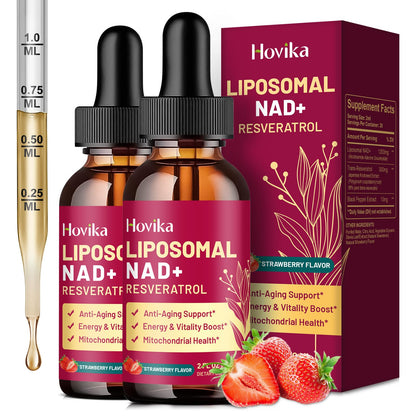 2 Pack Liposomal NAD+ Drops 1200mg - Strawberry Flavor, Resveratrol & Black Pepper