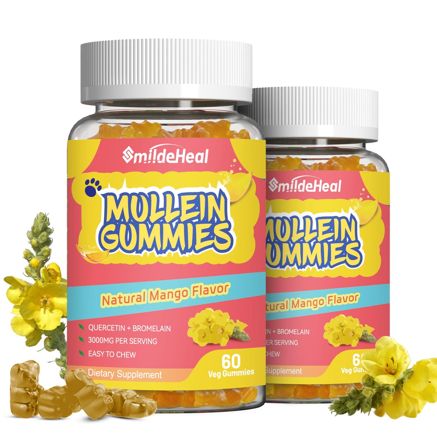 2 Pack Mullein Gummies 3000MG, Sugar Free Mullein Gummies with Bromelain & Quercetin, Mullein Leaf Extract Supplements for Lungs, Vegan, 120 Count