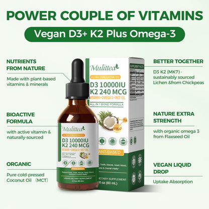 2 Pack Organic Vitamin D3 K2 Liquid with Vegan Omega-3 & Coconut MCT Oil | 10000 IU