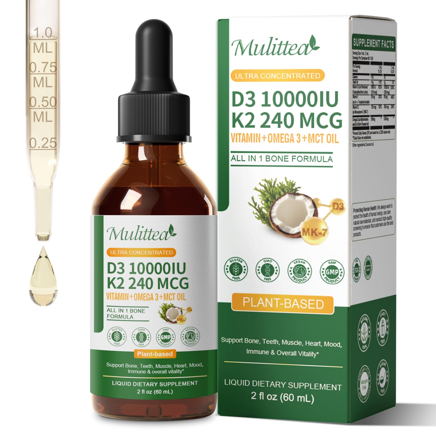 2 Pack Organic Vitamin D3 K2 Liquid with Vegan Omega-3 & Coconut MCT Oil | 10000 IU